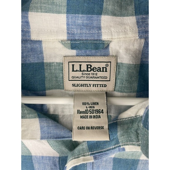 LL Bean Men Size Large Shirt Button Down Top Blue White Green Plaid 100% Linen - Picture 2 of 3